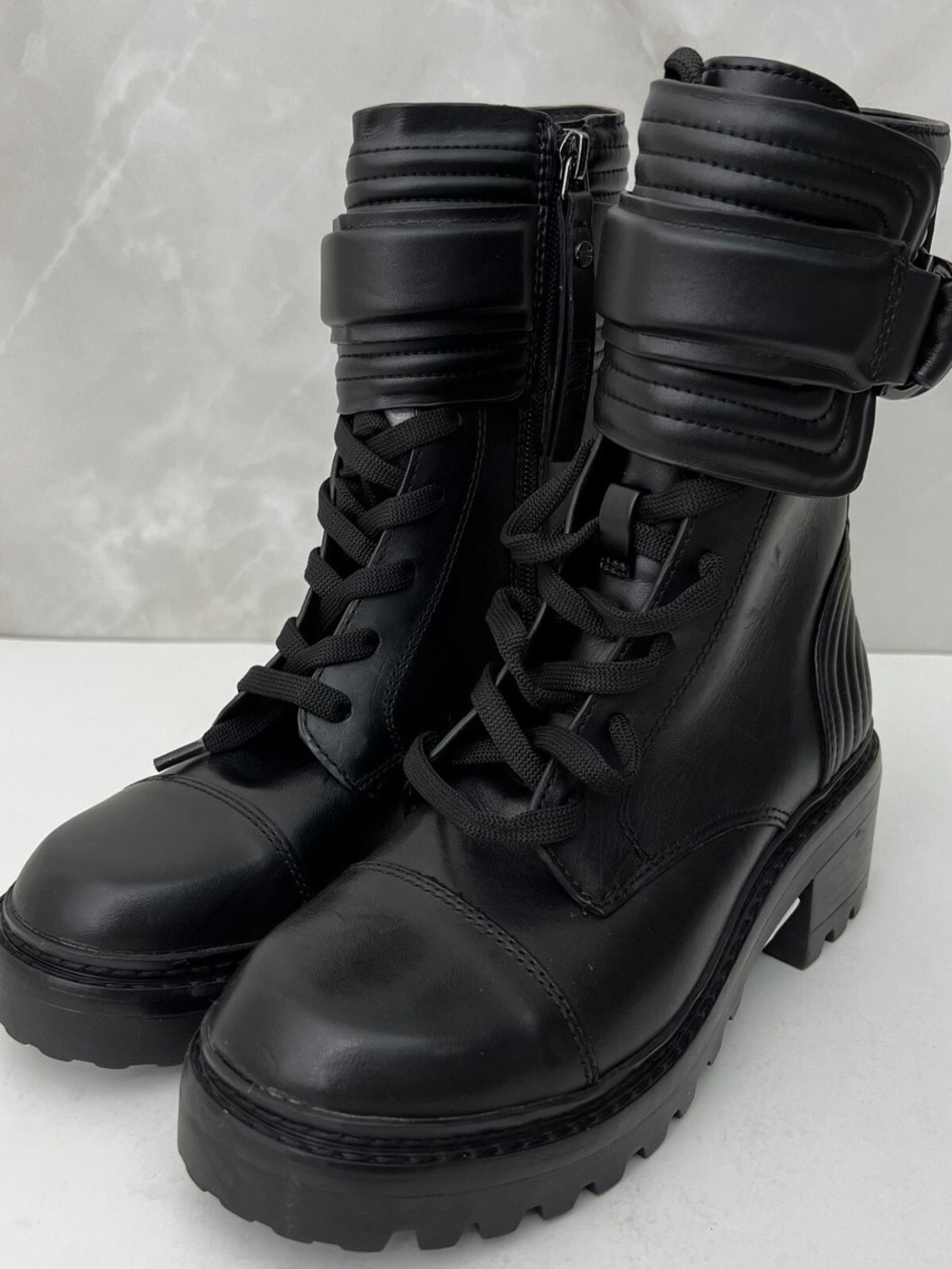 DKNY Black Lace-Up Combat Boots with Ankle Strap